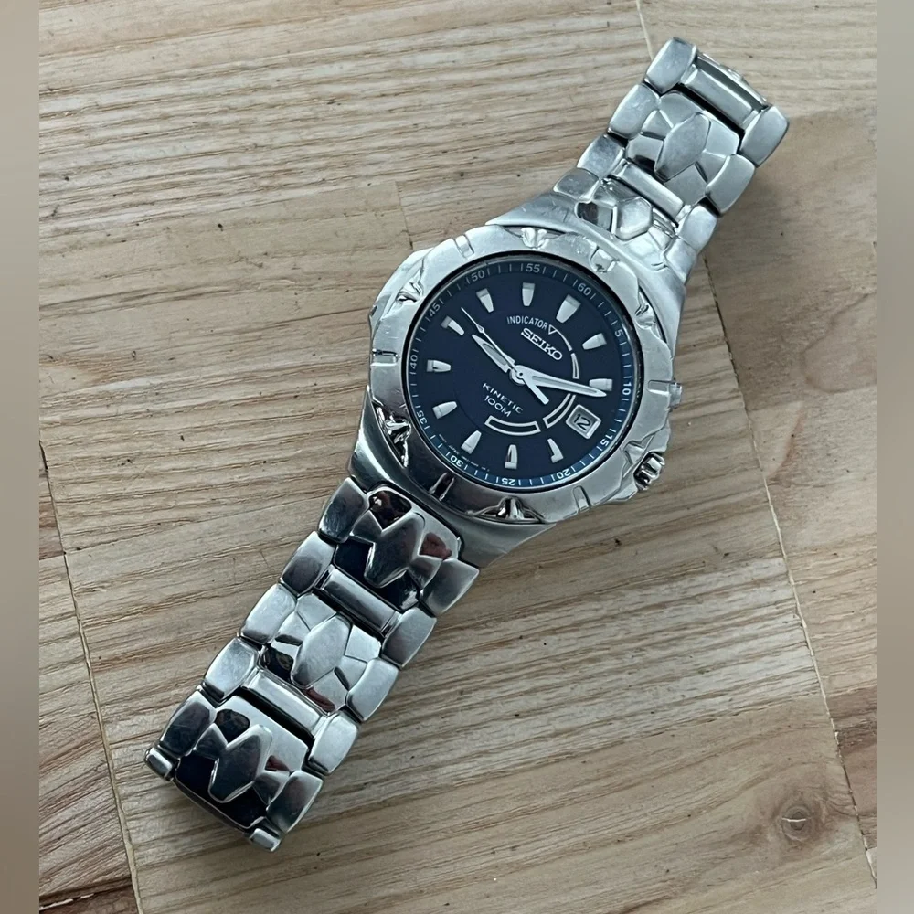 Seiko Kinectic Automatic Rare Vintage Men’s Watch Blue Dial Stainless Bracelet